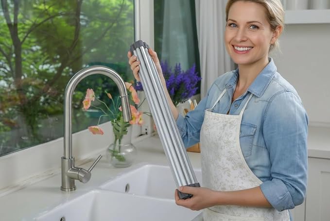 Large Aluminum Roll Up Dish Drying Rack 20.5" x 13" with Dish Holder | Square aluminum bars, Available in 3 sizes & 2 colors, Rolls up for easy storage, Removable dish holder, Heat resistant - Image 9