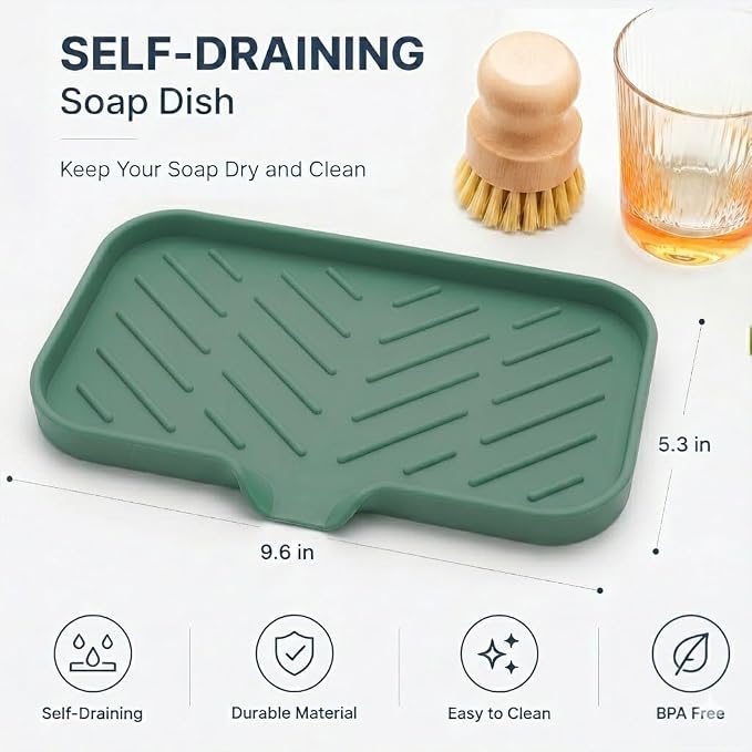 MicoYang Silicone Soap Dish with Drain Spout — Self-Draining Sink Organizer Tray for Bathroom & Kitchen, Sponges, Dispensers & Soap Holder, Non-Slip & Dishwasher Safe, Green (Medium, 9.6"×5.3") - Image 2