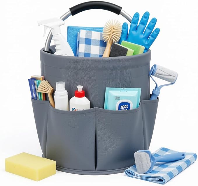 Cleaning Caddy with Handle, 17L Foldable Storage Basket, Heavy Duty 600D Oxford Cloth Organizer, Portable Supply Bag, Multi-Purpose Supplies Caddy for Home, Bathroom, Kitchen, Garden - ( Dark Gray ) by Unknown