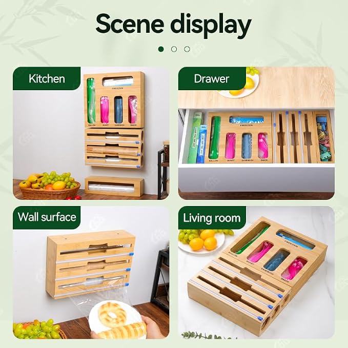 LDQ 9-in-1 Shatterproof Square Bamboo Storage Box - Aluminum Foil Dispensr with Cutter, Reusable Quarter Multi-Functional Sealed Bag Organizer for Kitchen Drawers, Walls, and Cabinetse - Image 8