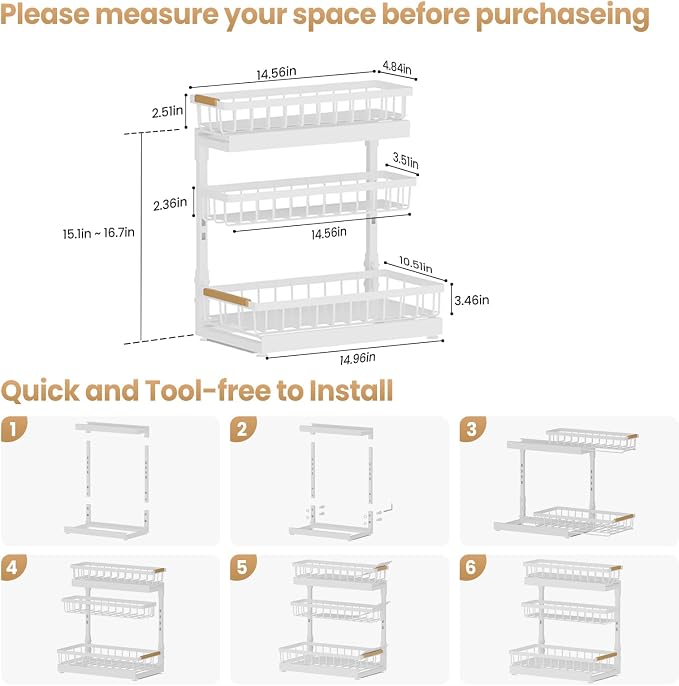 Under Sink Organizer and Storage for Bathroom and Kitchen - 1 Pack 3 Tier | Cabinet Pull Out Shelf Organizers - Slide Out Drawer Organization for Home Cabinets Shelves and Drawers - Image 9