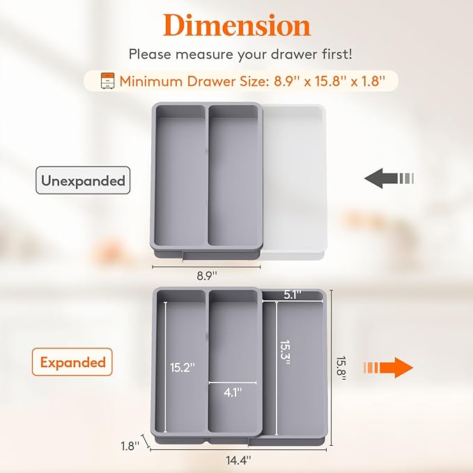Lifewit Utensil Organizer for Kitchen Drawer, Expandable Cooking Tray | Adjustable Cutlery Flatware Holder, Plastic Silverware Spatula Tools Storage Divider, 8.9-14.4 x 15.8", Gray - Image 3