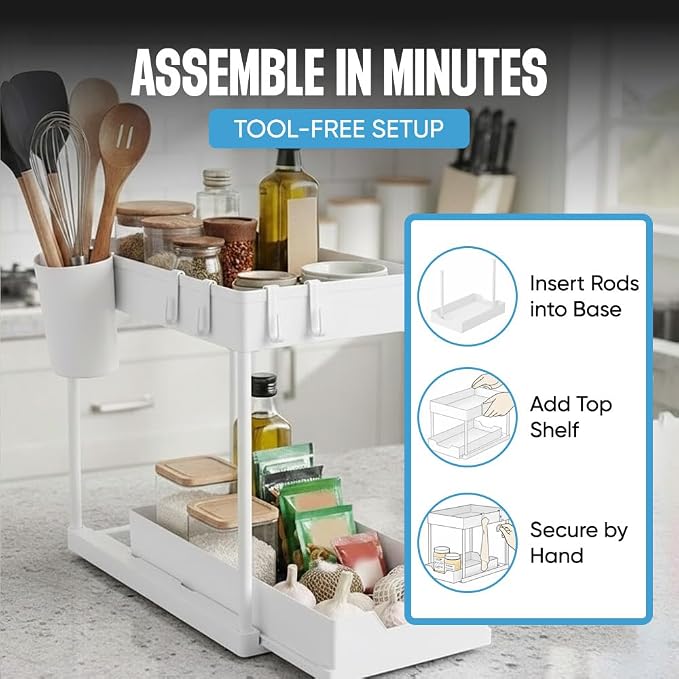 Undersink Organizer, 2-Tier Under Sink Storage Rack with Sliding Drawers for Kitchen Bathroom Cabinets, Pull Out Organizer for Pantry, Laundry Room & Closet Organization - 1 Pack, White - Image 8