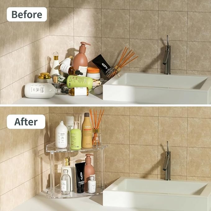 2 Tier Clear Acrylic Bathroom Corner Organizer, Countertop Vanity Tray for Makeup, Cosmetics, Perfume - Freestanding Storage Shelf for Bathroom, Bedroom, Kitchen - Image 3