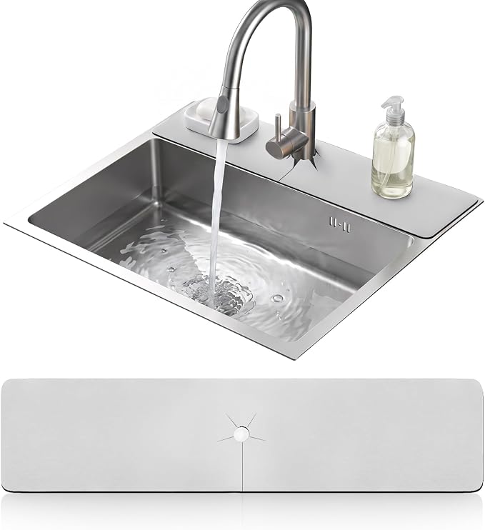 LOPNUR Cuttable Faucet Mat for Kitchen Sink, Long 24x5.5 Inch, Light Grey | Super Absorbent & Fast Dry Diatomite Sink Splash Guard, 0.8-2.4 Inch Adjustable Faucet Hole, Cut to Fit Bathroom & RV Sinks by LOPNUR