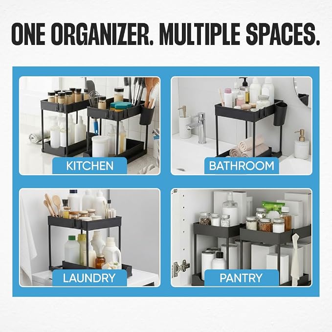 Undersink Organizer, 2-Tier Under Sink Storage Rack with Sliding Drawers for Kitchen Bathroom Cabinets, Pull Out Organizer for Pantry, Laundry Room & Closet Organization - 1 Pack, Black - Image 7