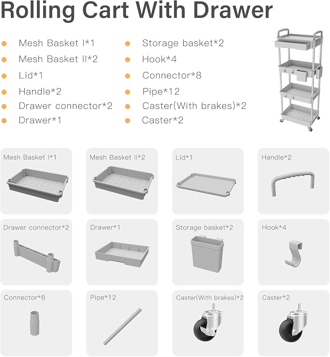 4 Tier Rolling Utility Cart with Drawer,REBECAT Utility Cart Made of Multifunctional Storage Organizer Tool for Kitchen,Bathroom,Living Room,Office(Gray) - Image 4