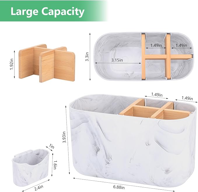 GFWARE Marble Toothbrush Holder, Bathroom Storage Organizer with Small Box | 5 Slots Kids Electric Toothbrush and Toothpaste Holder with Bamboo Divider, Marble-Look Bathroom Accessories Storage - Image 6