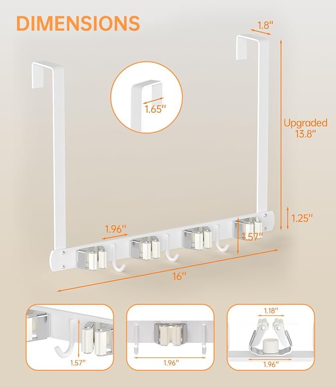 Broom Holder Over The Door with Hooks -304 Stainless Steel (White) | Save Space, Anti-Rust & Sturdy, Mop and Broom Holder Wall Mounted or Hanging Over The Door, for Garage Laundry Kitchen - Image 5