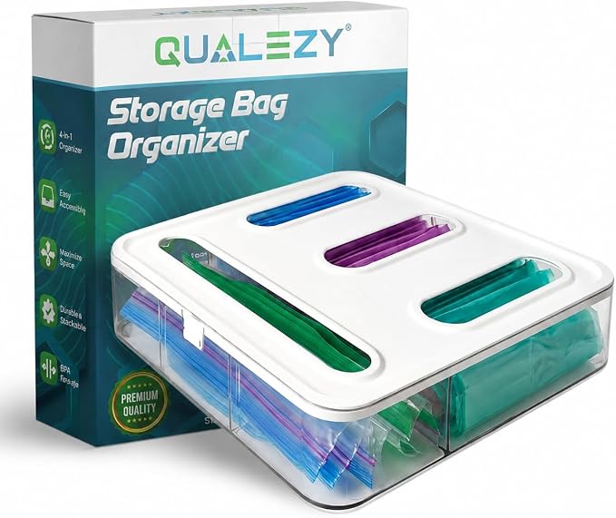 Food Storage Bag Organizer – 4-in-1 Plastic Baggie Organizer for Drawer | Fits Sandwich, Snack, Gallon, Quart & Slider Bags | Kitchen Storage Organizer | Wall & Drawer Mount by Qualezy
