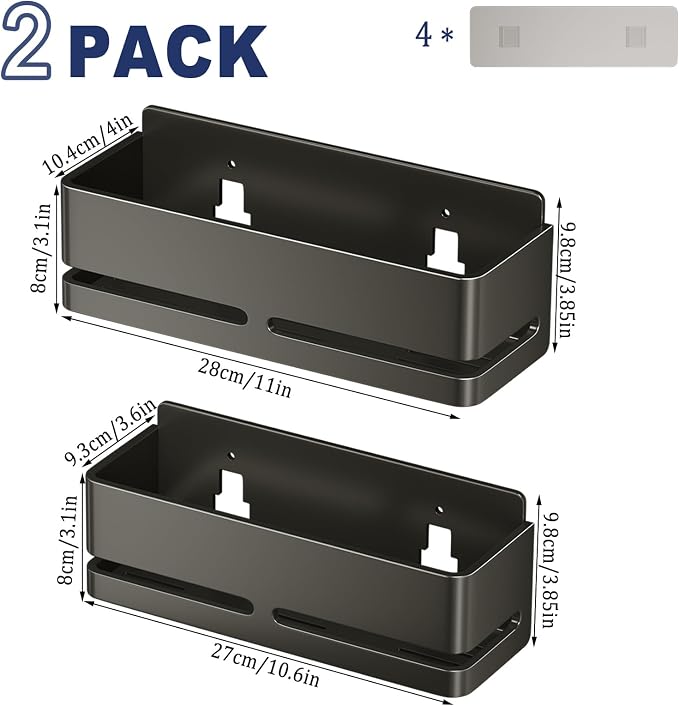 Shower Caddy 2-Pack Shower Shelf, Heavy-Duty Bathroom Storage Shelf | Large Capacity No-Drill Bathroom Organizer, Gray Aluminum Storage Basket, Adhesive Installation - Image 2