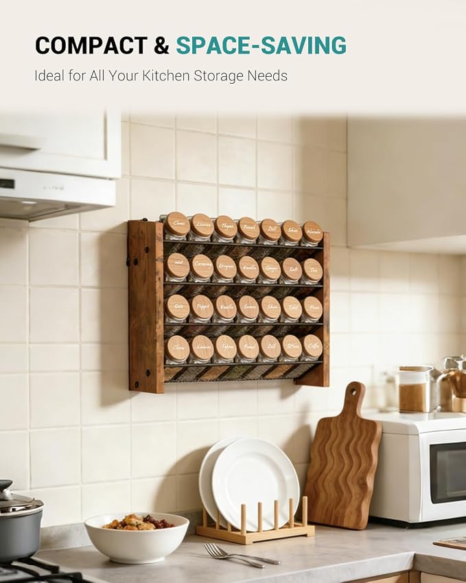 Spice Rack Organizer for Cabinet, Seasoning Organizer Wall Mount Countertop | Holds 28 Standard 4 oz Jars, Fits Bottle Under 1.8 in Wide, Kitchen Countertop Shelf, No Jars Included, 14"W x 9.4"H, Brown - Image 5