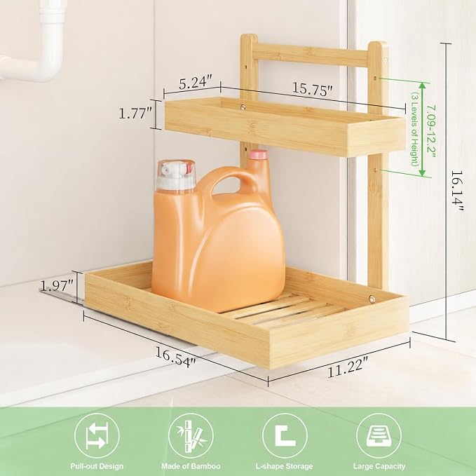 Bamboo Under Sink Organizer, 2-Tier Pull Out Cabinet Organizer | Kitchen Sink Organizer | Bathroom Cabinet Organizer | Cleaning Supply Storage | L-Shape | 3-Level Adjustable | Natural Bamboo - Image 7
