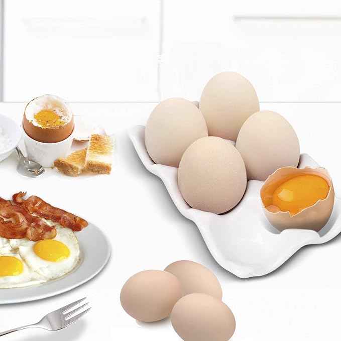 Flexzion Porcelain Egg Crate - 6 Capacity Ceramic Tray, Half Dozen Holder, White Decorative Serving Dish and Storage Organizer, 2 Pack - Image 3