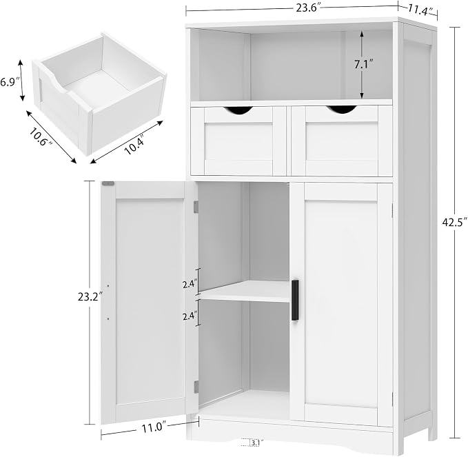 Iwell Bathroom Cabinet with Doors and Drawers, Freestanding Bathroom Storage Cabinet, Adjustable Shelves, for Living Room, Kitchen, Home Office, White - Image 3