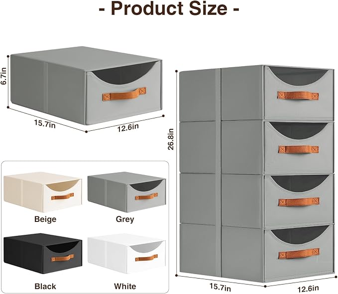 Stackable Storage Drawers - Large Collapsible Storage Bins with Drawers, 6 Pack Closet Shelf Organizer Basket, Fabric Pull Out Organizer for Bedroom, Living Room, Dorm, Grey - Image 3
