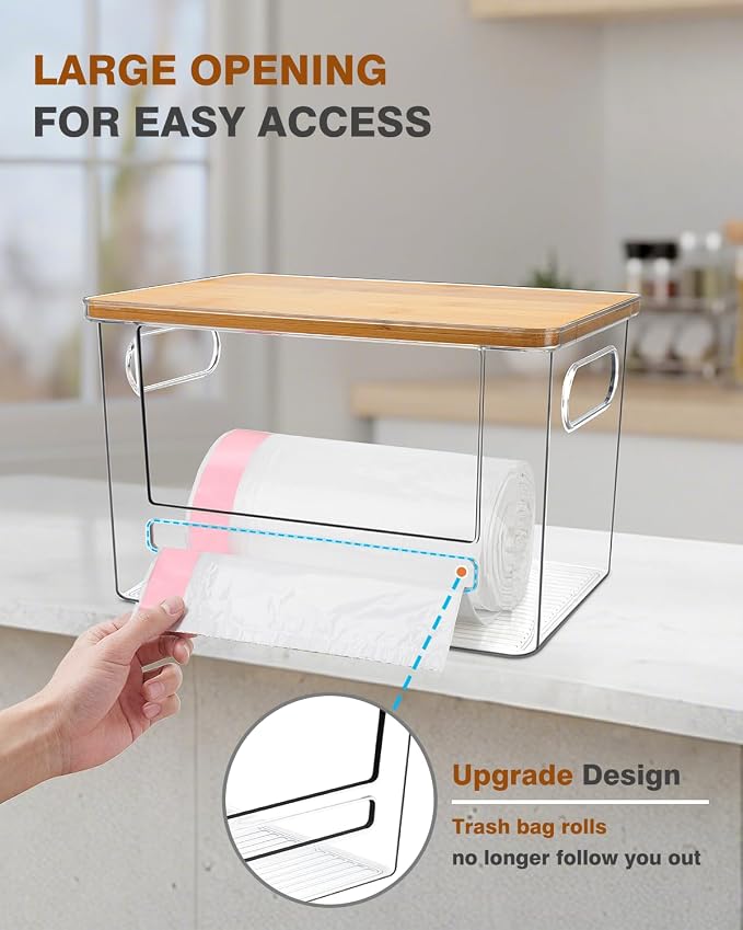 Trash Bag Holder, Acrylic Garbage Bag Dispenser with Bamboo Top | Extra Large Trash Bags Dispenser Under Sink for Kitchen, Pantry, Laundry Room, Cabinet Organizer and Storage (1 PACK) - Image 2