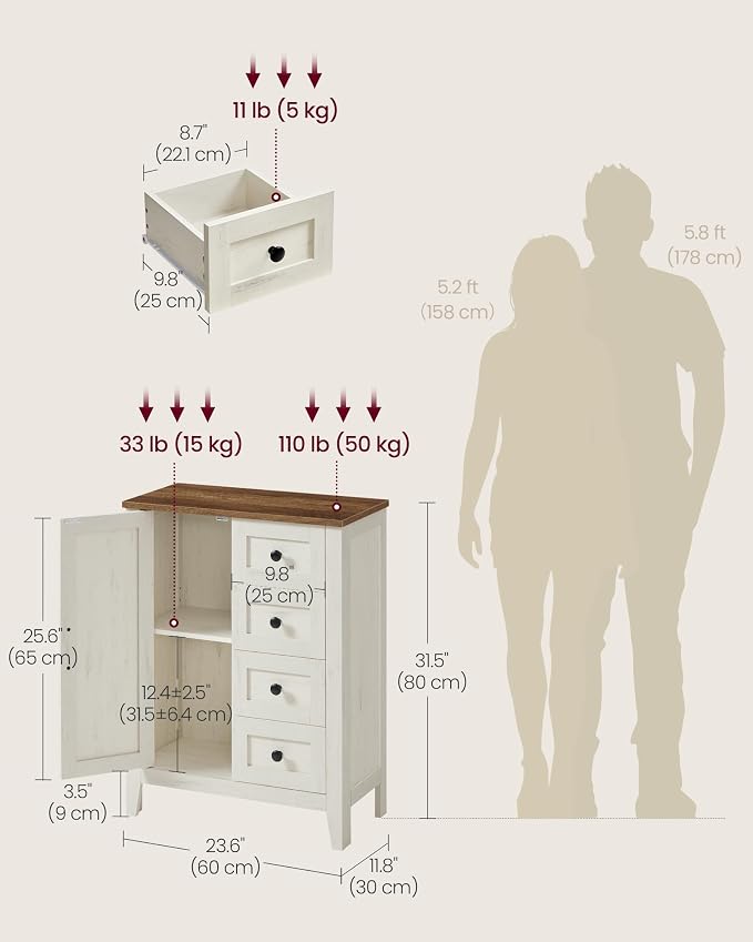 VASAGLE LIRY Collection - Storage Cabinet, Farmhouse Bathroom Floor Cabinet with 4 Drawers, Freestanding Storage Organizer, Barn Door, Adjustable Shelf, Rustic White, UBBK753W01 - Image 3
