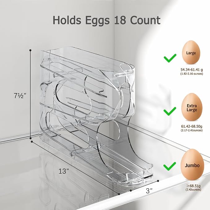 Clear FIFO Egg Holder for Fridge, Egg Dispenser for Eggs 18 Count | 1-Pack Automatic Rolling Egg Organizer for Refrigerator, Space-Saving Egg Roller/Container/Storage for Kitchen Countertop - Image 7