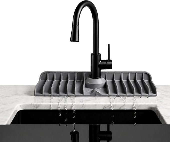 Premium Kitchen Sink Splash Guard – 16" x 5.7" Silicone Faucet Mat with Secure Pressure Clip, True 10° 3D Drainage(No Pooling), Anti-Lift Design, Flexible Leak-Sealing Ring, Non-Slip Fit Behind Faucet by Pilova
