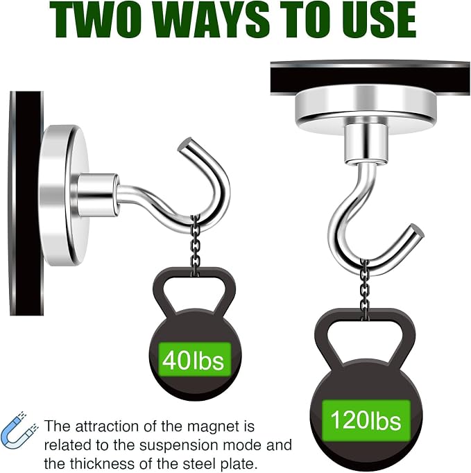 Magnetic Hooks 120LB Strong Magnet with Hook for Refrigerator | Super Neodymium Magnetic Cruise Hooks Locker Organizer Industrial Hook Outdoor Hanging Brackets Grill 12 Pcs - Image 4