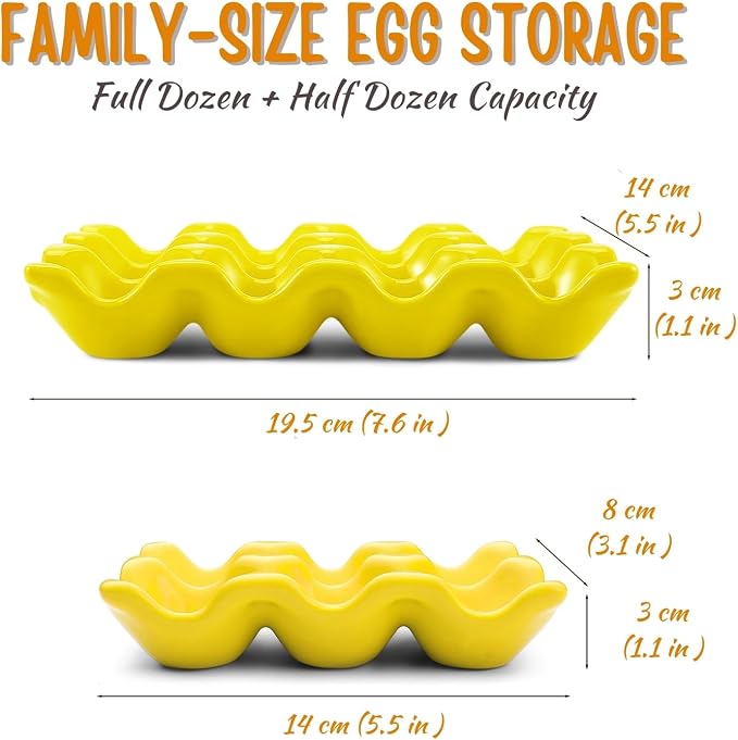 Flexzion 12 Cups Ceramic Egg Holder for Fridge - Dozen Ceramic Egg Tray Porcelain Container Storage Organizer Decorative Serving Stand Serveware for Refrigerator Countertop Display (Yellow, 2 Pack) - Image 7