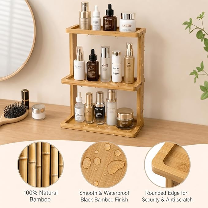 PEKER Bamboo Bathroom Organizer Countertop – Vanity Storage Shelf for Makeup, Perfume, Skincare – Natural Cosmetics Display Rack for Dresser, Sink, Kitchen – Natural - Image 5