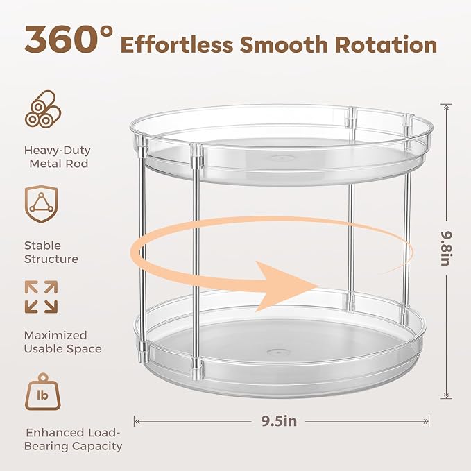 2-Pack 2-Tier Clear Lazy Susan Turntable Organizer, 9.5" Rotating Spice Rack for Kitchen Cabinet, Countertop Tray for Bathroom & Vanity to Organize Makeup, Perfume and Jewelry - Image 2