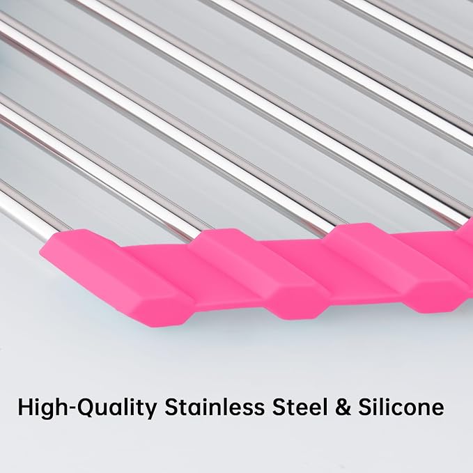 Tomorotec Triangle Roll Up Dish Drying Rack 304 Stainless Steel Rose | BPA-Free Food-Grade Silicone Edges Foldable Waterproof Rustproof Heavy-Duty Space Saver Heat Resistant to 550°F - Image 3