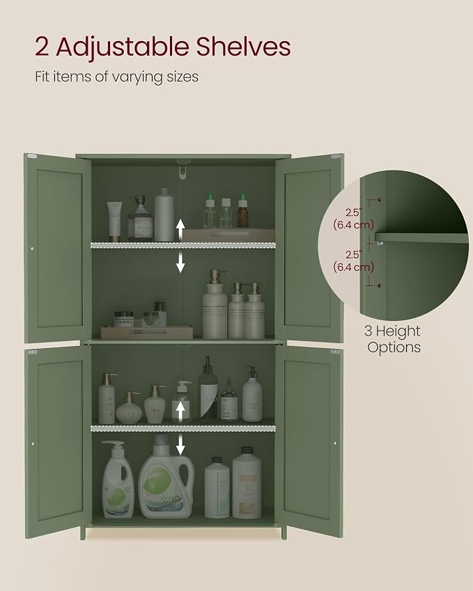 VASAGLE Floor Storage Cabinet, 2 Adjustable Shelves, 4 Doors,42.7" H | Freestanding Organizer Unit, Kitchen, Bathroom, Living Room, Forest Green, SIREN Collection UBBC553CH01 - Image 4