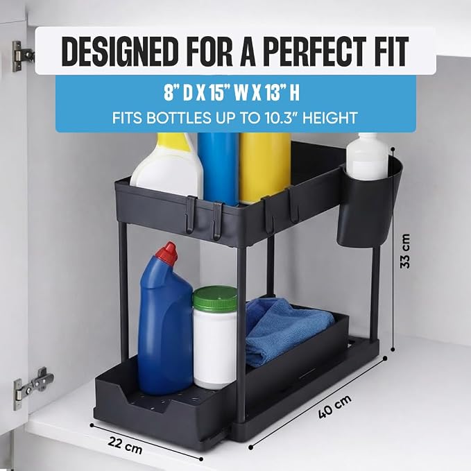 Undersink Organizer, 2-Tier Under Sink Storage Rack with Sliding Drawers for Kitchen Bathroom Cabinets, Pull Out Organizer for Pantry, Laundry Room & Closet Organization - 2 Pack, Black - Image 2