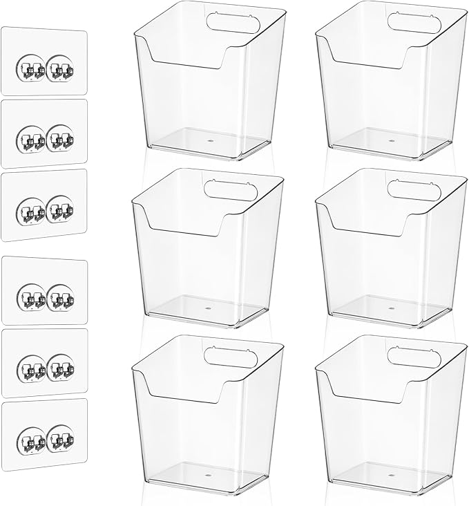 Clear Acrylic Pen Holder, 6 Pack Cabinet Door Organizer Adhesive, Bathroom Wall Mount Caddy Kitchen Plastic Storage Bin Box for Office Marker,Art Supply, Small Cleaning Supply, Seasoning Drink Packet by Hiopeak