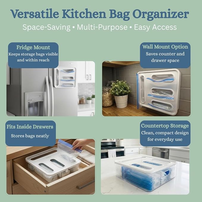 Food Storage Bag Organizer – 4-in-1 Plastic Baggie Organizer for Drawer | Fits Sandwich, Snack, Gallon, Quart & Slider Bags | Kitchen Storage Organizer | Wall & Drawer Mount - Image 5
