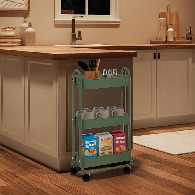 SunnyPoint Slim Rolling Storage Cart, 3 Tier Bathroom Storage Organizer Bathroom, Laundry Utility Cart (Turq) - Image 5