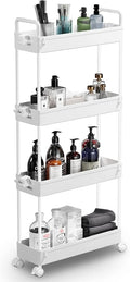 SOLEJAZZ Slim Rolling Storage Cart Skinny Bathroom Organizer, 4 Tier, White | Thin utility cart with wheels for bathroom, laundry room, bedside, kitchen, dorm, office, next to fridge, small narrow places by SOLEJAZZ