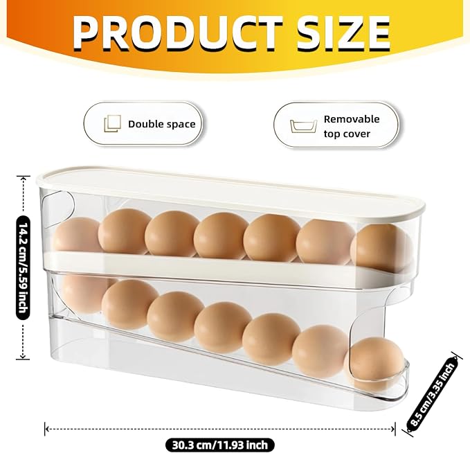 Egg Holder for Fridge, Space-Saving Automatic Rolling Egg organizer for refrigerator, 2-Layer Stackable Egg dispenser for refrigerator, Egg storage with Lid for Kitchen, Countertop, Dining Room - Image 2
