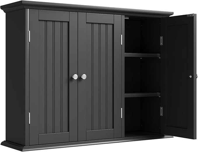 ChooChoo Laundry Cabinet with 3 Doors and Adjustable Shelves | 9.06"D x 31.1"W x 24"H, Bathroom Wall Cabinet, Cupboard, Black by ChooChoo