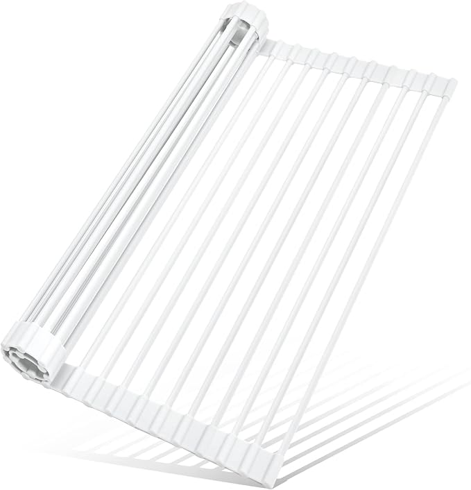MERRYBOX Roll Up Dish Drying Rack, Silicone Wrapped Over The Sink Dish Rack Foldable Dish Drainer Anti-Slip Dish Racks for Kitchen Sink, Multipurpose Kitchen Sink Drying Rack, 17.5" x 13", White by MERRYBOX
