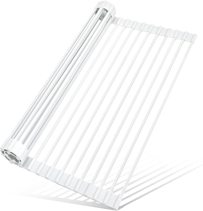 MERRYBOX Roll Up Dish Drying Rack, Silicone Wrapped Over The Sink Dish Rack Foldable Dish Drainer Anti-Slip Dish Racks for Kitchen Counter, Multipurpose Kitchen Sink Drying Rack, 18" x 13", White by MERRYBOX