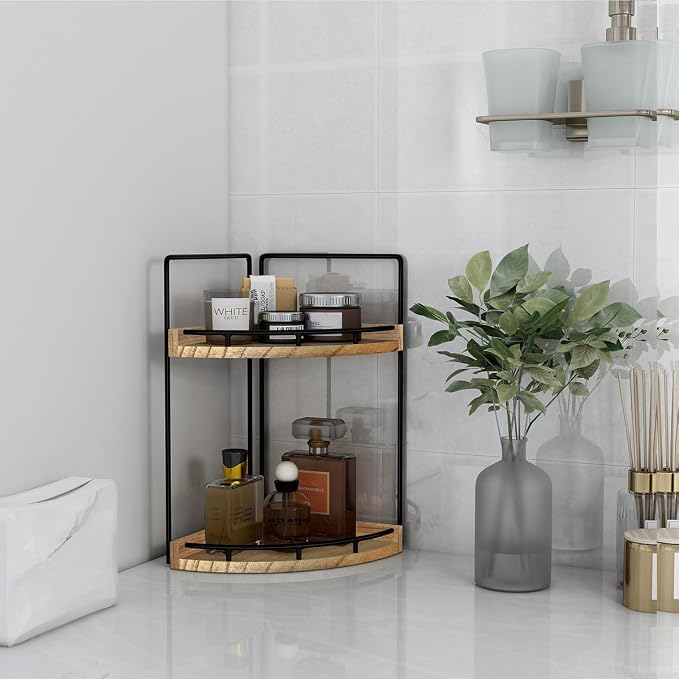 Dorhors Corner Bathroom Counter Organizer,Vanity Countertop Storage Shelf | 2-Tier Rustic Brown Rack Holder for Skincare,Perfume,Makeup,Lotion,Wood Sink Tray Stand for Kitchen,Restroom,Dresser - Image 5