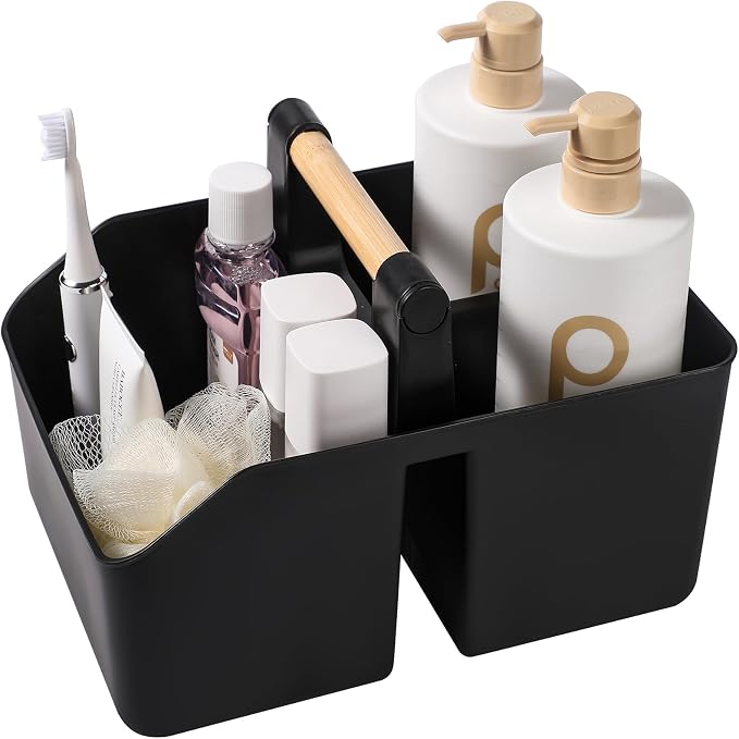 rejomiik Plastic Shower Caddy, Portable Basket with Bamboo Handle, Black | Cleaning Caddy Organizer Tote for Bathroom, College Dorm Essentials, Bath Toy Storage, Cleaning Supplies by rejomiik