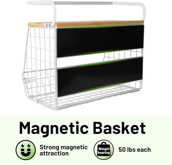 Magnetic Fridge Shelf with Wood Lid, Fruit Potato Onion Storage Bins, Pantry Organizers, Large Container Spice Rack for Refrigerator, Kitchen Counter, Cabinet (2, White) - Image 9