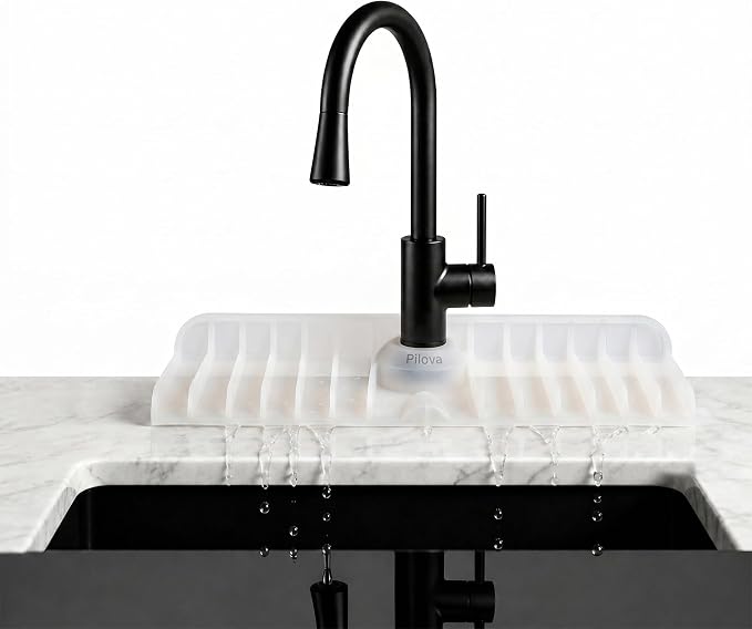 Premium Kitchen Sink Splash Guard – 18" x 5.7" Silicone Faucet Mat with Secure Pressure Clip, True 10° 3D Drainage(No Pooling), Anti-Lift Design, Flexible Leak-Sealing Ring, Non-Slip Fit Behind Faucet by Pilova