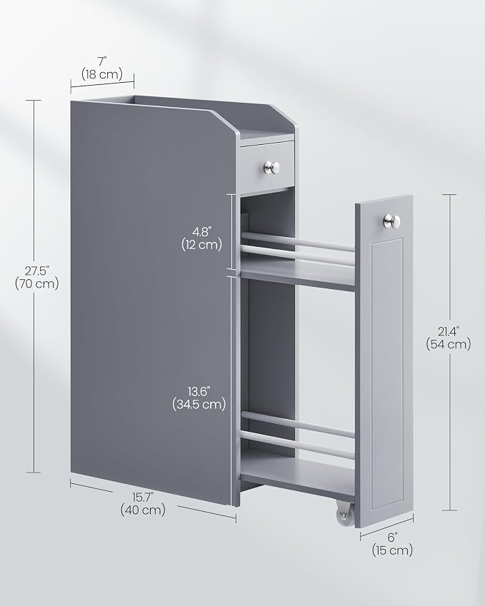VASAGLE Small Bathroom Storage Cabinet, with Slide Out Drawers，Dove Gray | Slim Bathroom Storage Organizer, Toilet Paper Holder, for Small Spaces, Dove Gray, SIREN Collection UBBC847G02 - Image 3