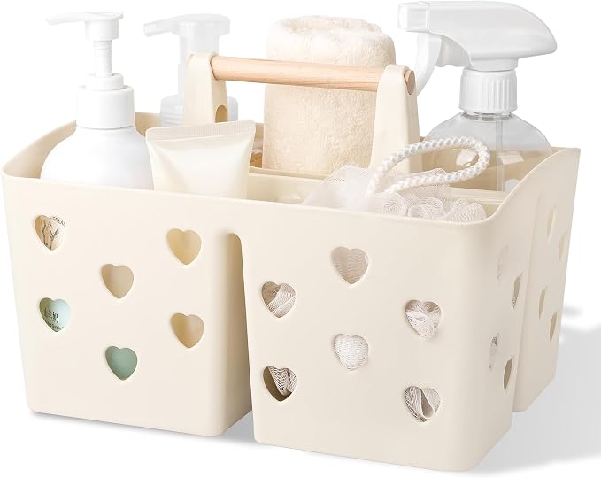 Portable Shower Caddy Plastic Shower Basket Organizer with Handle, Beige | Divided Bathroom Caddy Storage Cleanning Caddy Tote for College, Dorm Room, Kitchen by Anyoifax