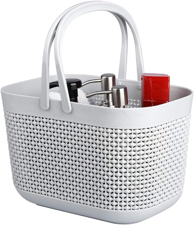 Plastic Portable Shower Caddy Basket, Storage Organizer with Handle, Grey | Bottom Drain Holes, Keep Dry, Sturdy and Durable, Easy to Carry for Bathroom, Kitchen, Dorm Room, RV, College by UUJOLY