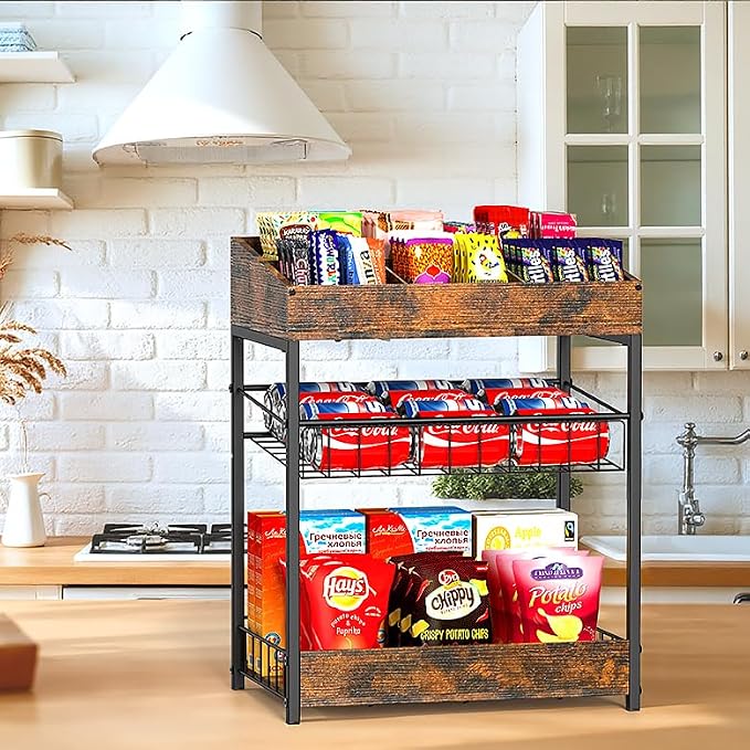 Snack Organizer for Countertop, 6 Adjustable Compartment | 3 Tier Snack Rack Display, Retail Display Shelf for Kitchen, Pantry, Counter, Office, Easy to Install, Brown - Image 7