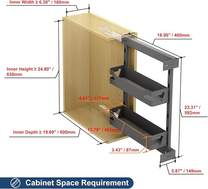 VADANIA Narrow Pull Out Cabinet Organizer, For 8" Base Cabinets | 2-Tier Slim Cabinet Storage with Solid Metal Trays, Soft Close Full-Extension Slides, Reversible Left or Right Side Mount - Image 5