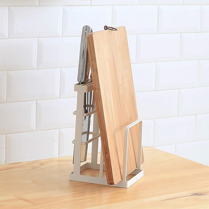 VANRA Metal Knife Block Without Knives, Multifunctional Knife Holder with 2 Layers Cutting Board Rack Dish Rack, Kitchen Storage Organizer,White - Image 2