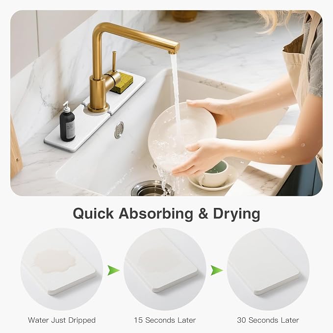 Premium Stone Faucet Mat for Kitchen Sink, 15.8" x 4" White | Quick Drying & Water Absorbent, Sink Splash Guard Tray for Prevents Moisture Buildup - Image 4